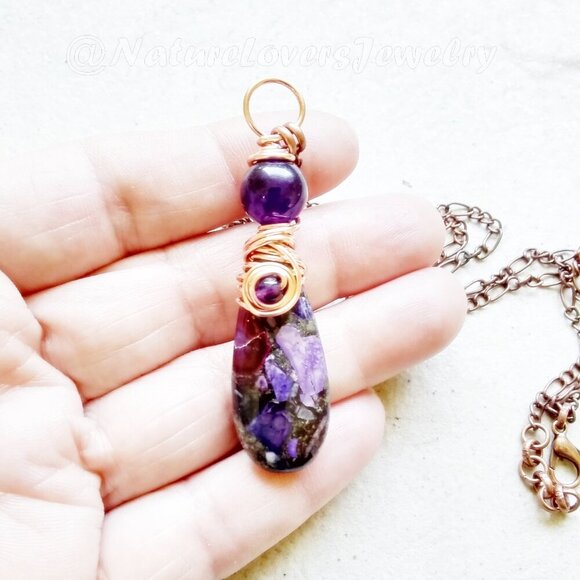 The Color Purple! Sea Sediment Jasper & Amethyst Pendant w. Copper Figaro Chain - Picture 1 of 9